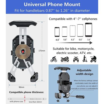 KEWIG Waterproof Motorcycle Phone Mount Qi 15W Wireless & USB C 20W Fast Chargei