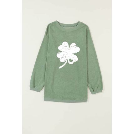 Grass Green Distressed Clover Print St Patricks Corded Sweatshirt