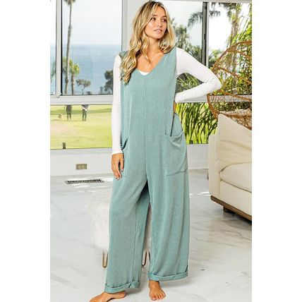 Moonlight Jade Corded Tie Straps V Neck Wide Leg Jumpsuit