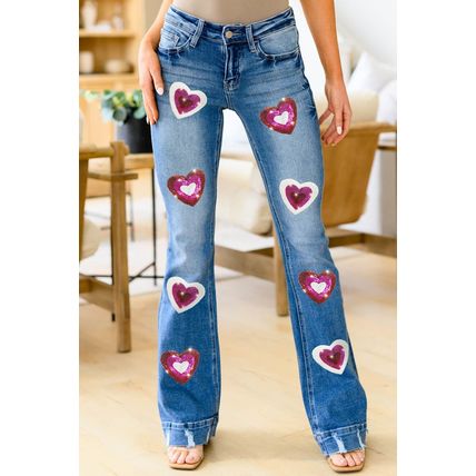 Sky Blue Sequin Heart Shape Patched Distressed Flare Jeans