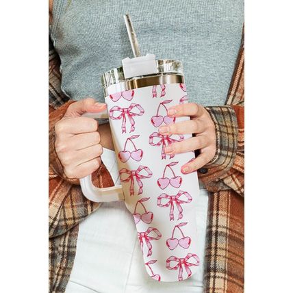 White Cherry Bowknot Stylish Large Tumbler with Handle 40oz