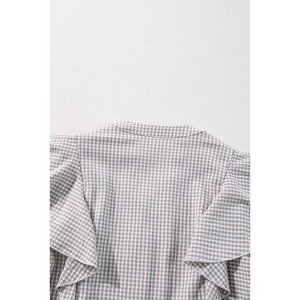 Brown Plaid Flounce Sleeve Notched Neck Ruffled Shirt