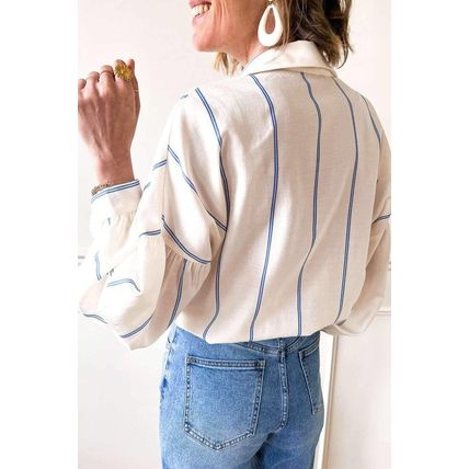 Sky Blue Stripe Drop Shoulder Bubble Sleeve Loose Shirt