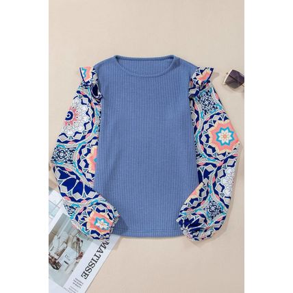 Ashleigh Blue Ruffled Floral Sleeve Patchwork Waffle Knit O Neck Blouse