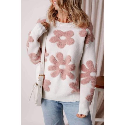 White Textured Flower Drop Shoulder Loose Sweater
