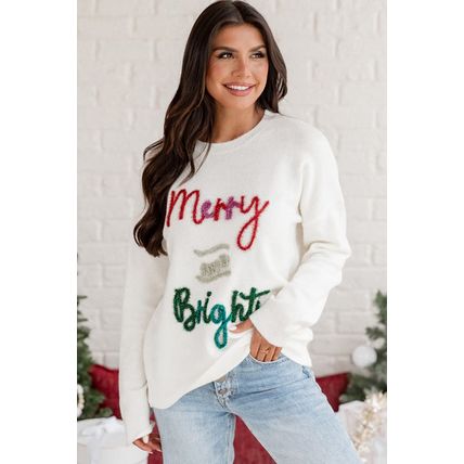 White Tinsel Merry and Bright Graphic Christmas Sweater