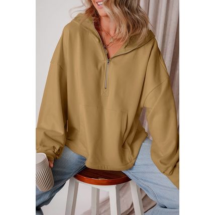 Brown Fleece Lined Half Zipper Kangaroo Pockets Loose Hoodie