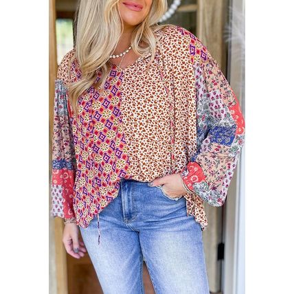 Orange Mixed Floral Printed Long Sleeve Tied V Neck Blouse