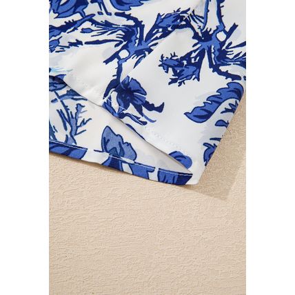 Sky Blue Floral Print Notched Neck Elegant Blouse