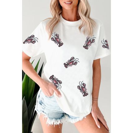White Sequined Lobster Crewneck Tee