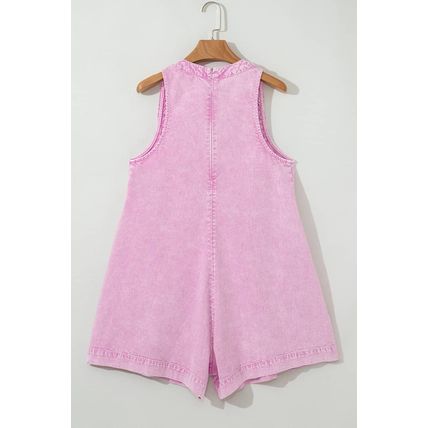 Bonbon Mineral Wash Pleated Bust V Neck Sleeveless Denim Romper