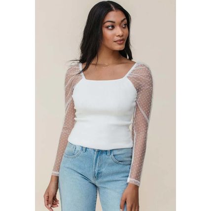 White Swiss Dot Mesh Long Sleeve Square Neck Slim Top