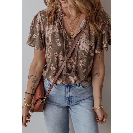 Khaki Retro Floral Print Tassel Tie Split Neck Short Sleeve Blouse