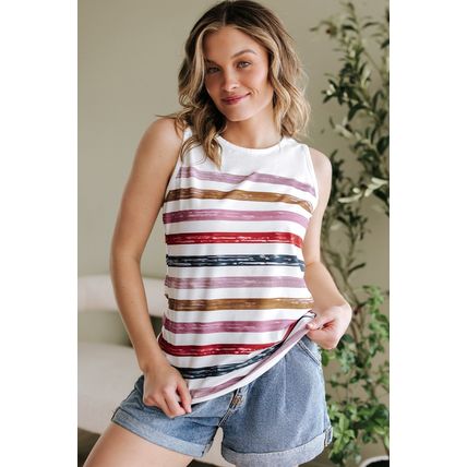 Red Stripe Rainbow Round Neck Tank Top