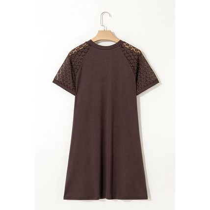 Dark Brown Contrast Lace Raglan Sleeve Pleated Detail Shift Dress