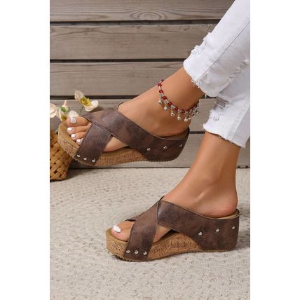 Coffee Criss Cross Cut Out PU Leather Wedge Slippers