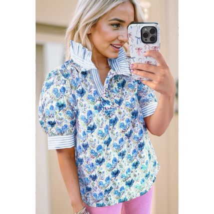 Sky Blue Floral Print Striped Patchwork Collared Short Sleeve Blouse