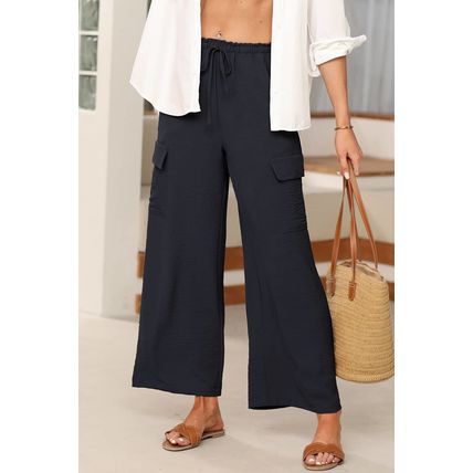 Black Drawstring Frilled Waist Wide Leg Utility Trousers