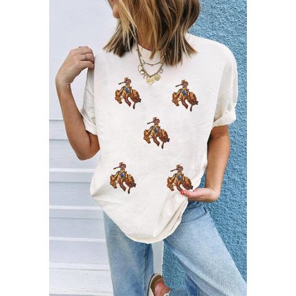 White Rodeo Patched Graphic Casual Round Neck Tee
