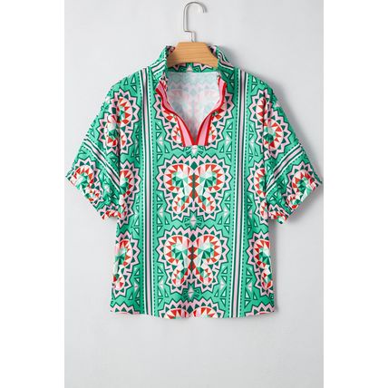 Sea Green Boho Abstract Print Contrast Striped Collared V Neck Blouse