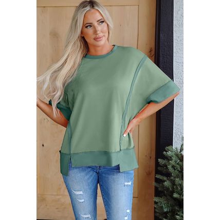 Smoke Green Half Sleeve Raw Seam High Low Side Split Top