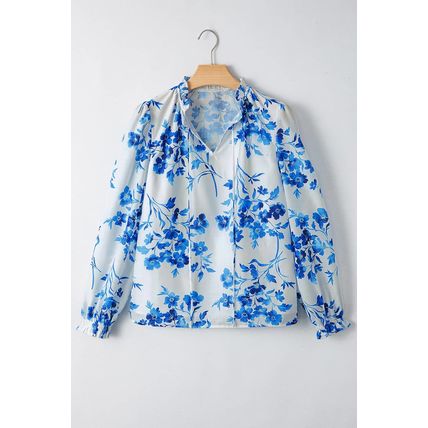 Blue Floral Long Sleeve Lace-up V Neck Blouse