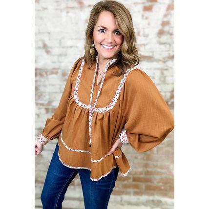 Straw Yellow Split Neck Pleated Floral Trim Long Puff Sleeve Blouse