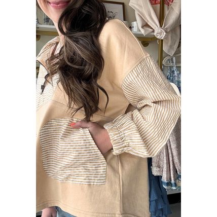 Smoke Gray Quarter Zip Striped Patchwork Drop Shoulder Loose Long Sleeve Top