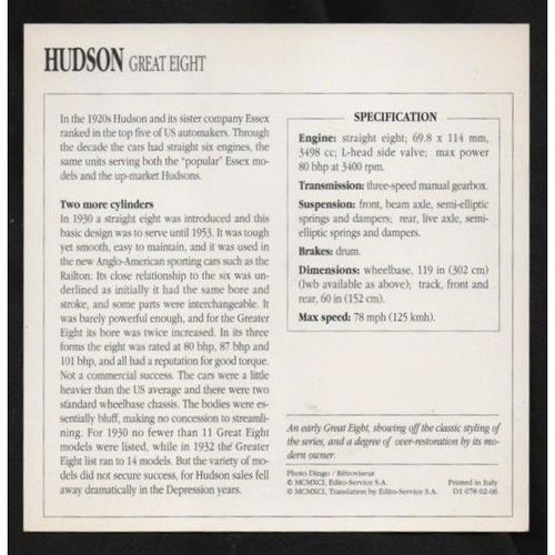 1930 to 1932 HUDSON Great Eight Classic Car Photograph and Information Card