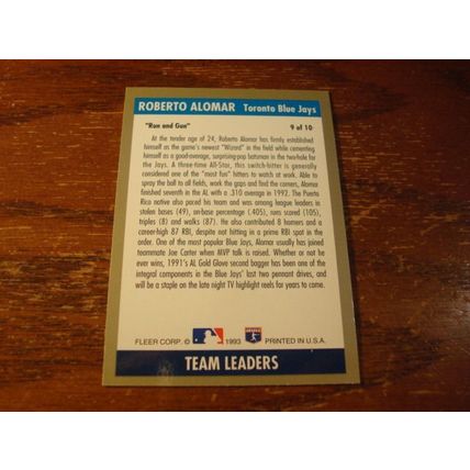 1993 Fleer, Team Leaders Inserts, 5-Cards, HOF, ROBERTO ALOMAR, Blue Jays #9