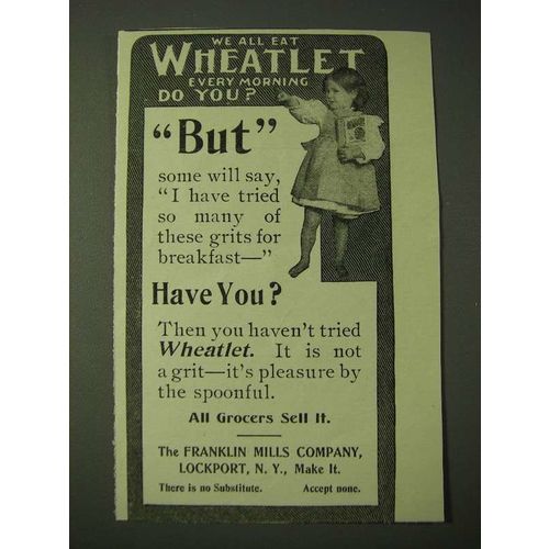 1900 Franklin Mills Wheatlet Ad - We all eat Wheatlet every morning do you?