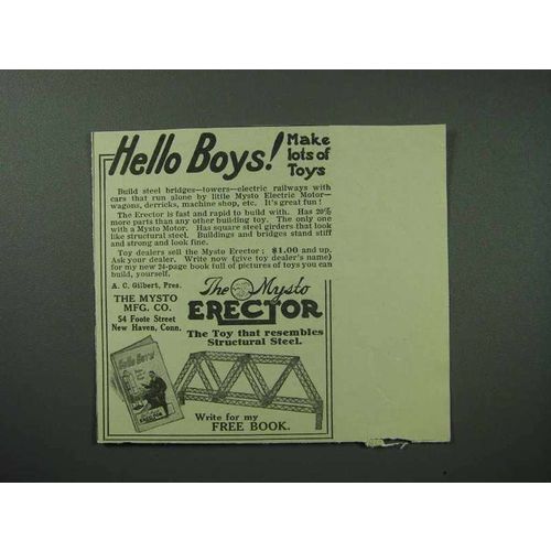 1913 Mysto Erector Toy Ad - Hello Boys
