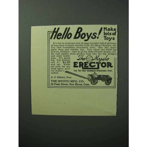 1913 Mysto Erector Toy Ad - Hello Boys!