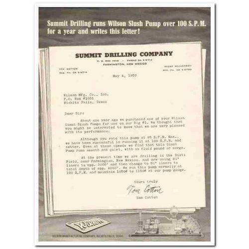 SUMMIT DRILLING COMPANY 1959 Tom Cotton slush pump oilfield vintage ad