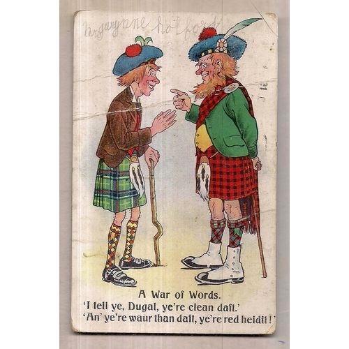 2 SCOTSMEN, 'WAR OF WORDS' .used antique postcard by Valentine 1906? Postmark =