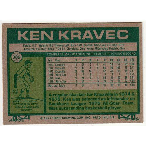 1977 Topps baseball card 389 Ken Kravec – White Sox