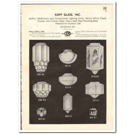 Kopp Glass Inc 1935 vintage catalog lighting Gothic modernistic Delica