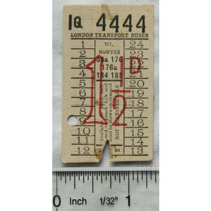 Vintage: ticket London Transport Buses 1½d - WT Routes 36a, 176, 176a, 184, 185
