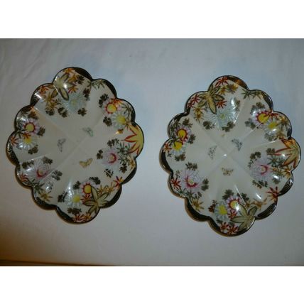 PAIR of TWO 2 HAND PAINTED FLOWER SHAPED JAPANESE PORCELAIN DISHES CIRCA 1905