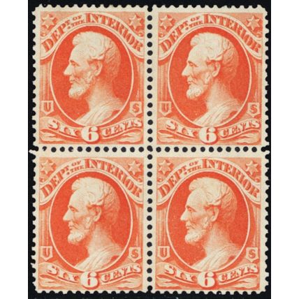 O18, Mint LH 6¢ Interior Official Block SCV $350.00 - Stuart Katz