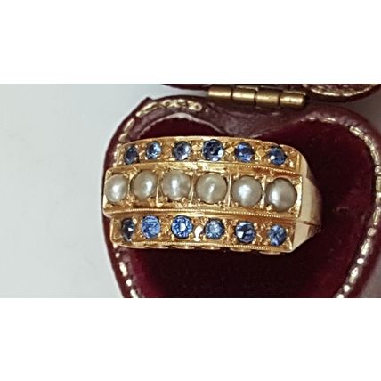 Antique 14k Yellow Gold 1.20ctw Natural Sapphire & Seed Pearl Ring,1880s