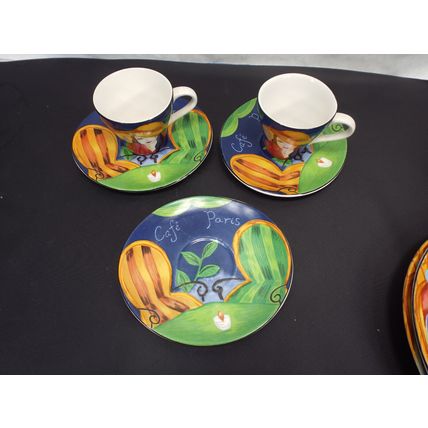 Vintage Set 1994 Sango Cafe Paris Cups And Saucers 3 Saucers 2 Cups Mugs