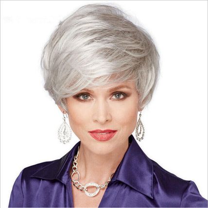 Wig Short Straight Silver Grey Classic Synthetic Hair Wigs Women Ladies