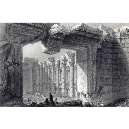 INTERIOR OF THE GREAT TEMPLE AT BALBEC 1842 Ebenezer Challis ANTIQUE ENGRAVING