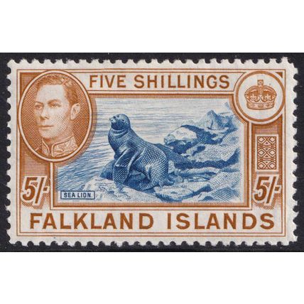 Falkland Islands KGVI 1938-50 5s Blue Chestnut Sealion SG161 Mint MH