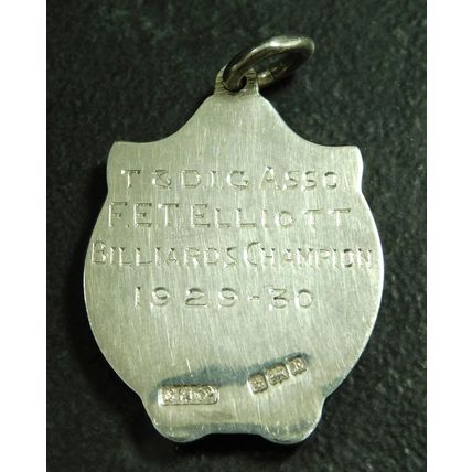 Vintage Sterling Silver Albert Watch Chain Billiards Fob Medal By BMC 1929