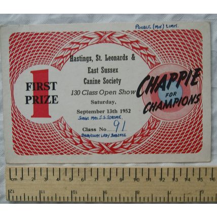 1952 1st prize poodle Hastings, St. Leonards & East Sussex Canine Society