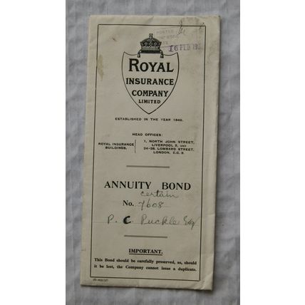 1937 Royal Insurance Annuity Bond, Pelham Carey Puckle, Kineton Glebe