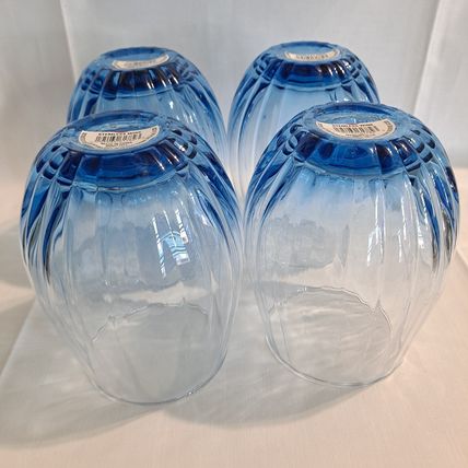 RIBBED BLUE Stemless Wine Glasses Cocktail Water Juice Tumblers Goblet Drink