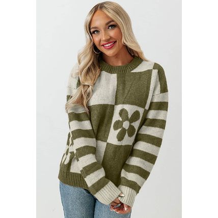 Green Checkered Floral Print Striped Sleeve Sweater